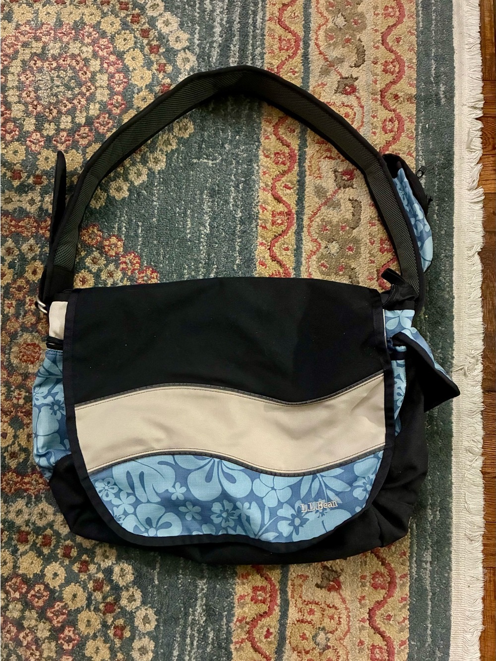 L.L. Bean Black, Light Blue and Cream Floral Messenger Bag